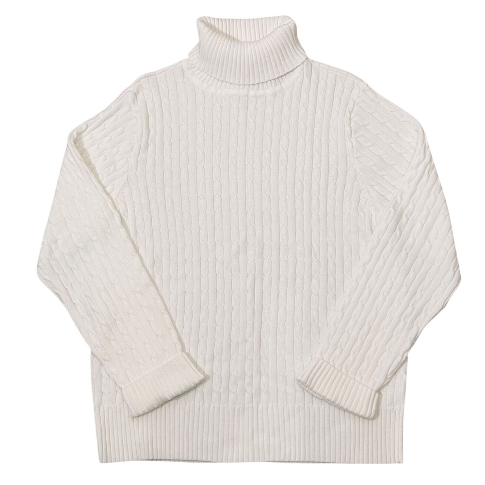 Winter White Cotton Cable Knit Turtleneck Sweater (XL) Minimalist Staple Piece